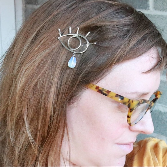 Evil Eye Hair Clip with Opalite Teardrop, Gold - Picture 2 of 2